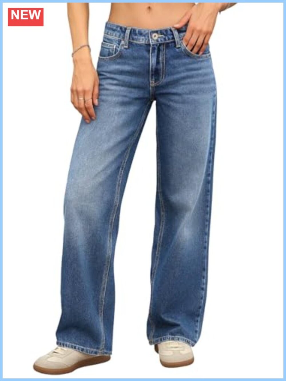Women's Low Rise Baggy Straight Leg Jeans Cotton Stretch Denim